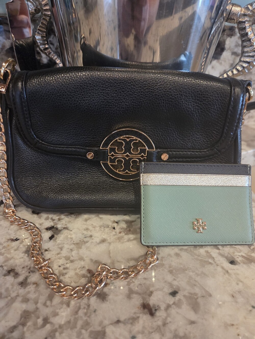 Tory Burch Black Leather Crossbody with Gold Logo And Cardholder